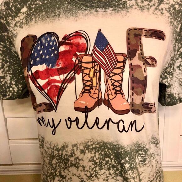 Love My Veteran Sublimated Bleach Dye Handmade Graphic Tee - Picture 4 of 5